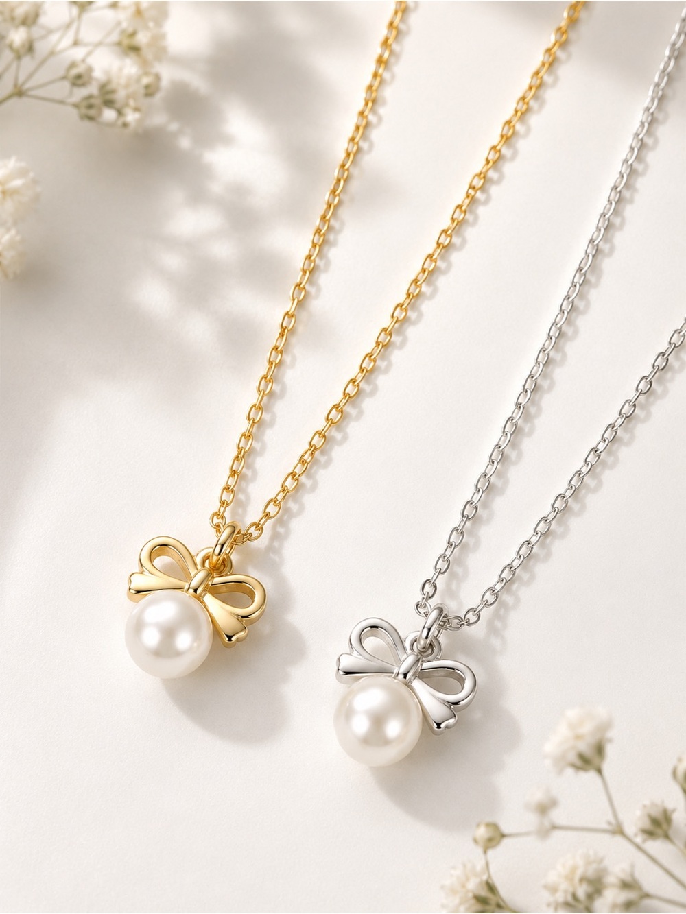 18K Gold Plated 925 Sterling Silver Bow Pearl Necklace Dainty Coquette